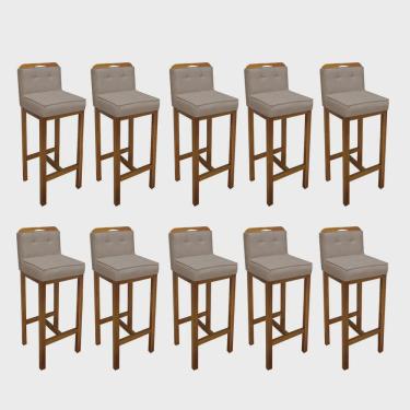 Imagem de Kit 10 Banqueta Alta Com Encosto Agnes Cozinha Balcão Bistrô Base Madeira Rústico Corino Bege - Ahz Móveis