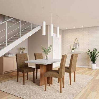 Imagem de Conjunto de Mesa de Jantar Bilbao I com Tampo de Vidro Off White e 4 Cadeiras Grécia Suede Chocolate
