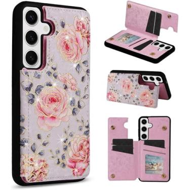 Imagem de UEEBAI Capa carteira para Samsung Galaxy S24 Plus 5G com porta-cartões, capa floral de couro PU com suporte e bloqueio de RFID fecho magnético duplo Rilievo Flower Flip Case para mulheres meninas
