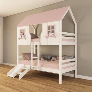Imagem de Beliche Casinha Encantada com Kit Escada/ Escorregador Madeira Maciça Branco/ Rosa Housin