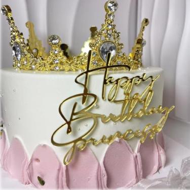Imagem de Topo de bolo dourado de princesa de feliz aniversário, decoração de bolo de festa com tema de princesa/chá de bebê, suprimentos de decoração de festa de feliz aniversário para meninas ou adultos