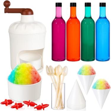 Imagem de Zubebe Kit de máquina de fazer gelo raspado manual para casa, 1 máquina de cone de neve, 6 copos reutilizáveis, 6 colheres, 4 frascos de xaropes de plástico, 3 máquinas reutilizáveis de cone de neve
