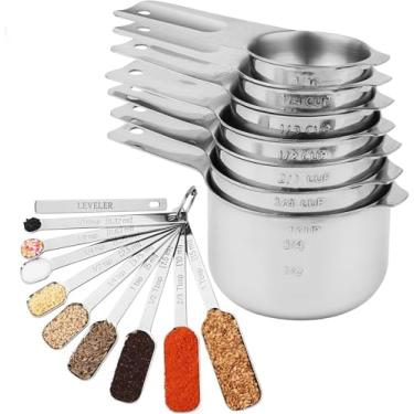 Imagem de zoyizi Conjunto de copos e colheres medidores 17, métrico e US 18/8 conjunto de copos e colheres de aço inoxidável para assar e cozinha, copo de metal seco e líquido e colheres de cabo longo para pote