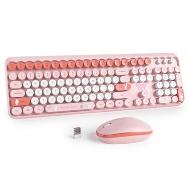 Imagem de Owpkeenthy Lindo teclado e mouse sem fio, teclado colorido, estilo máquina de escrever retrô, tamanho completo com teclado numérico, teclas redondas para desktop, laptop e computador (rosa grosso)
