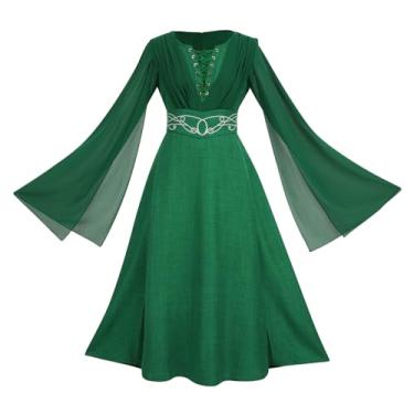 Imagem de Mambabacosp Vestido vintage feminino renascentista verde roxo frontal com cadarço manga longa com faixa na cintura (verde, GG)