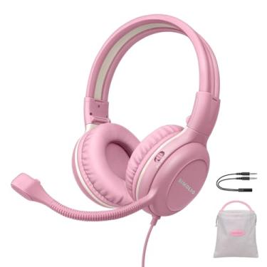 Imagem de SIMOLIO Fones de ouvido infantis com microfone para escola, fones de ouvido com fio 75/85/94 dB com microfone Boom para iPad, PC, laptop, jogos, fones de ouvido com fio estéreo rosa para meninas,