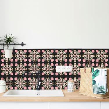 Imagem de AMAZINGWALL Adesivos de azulejo preto - Lokelani Rose Peel and Stick Decalques de vinil para paredes, pisos, móveis à prova d'água removível Backsplash 4x4/pcs 24PCS
