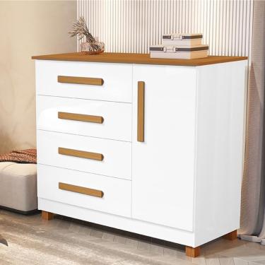 Imagem de Comoda Grecia Quarto 4 Gavetas 1 Porta E Pés Madeira Maciça Branco/Nature Branco/Nature