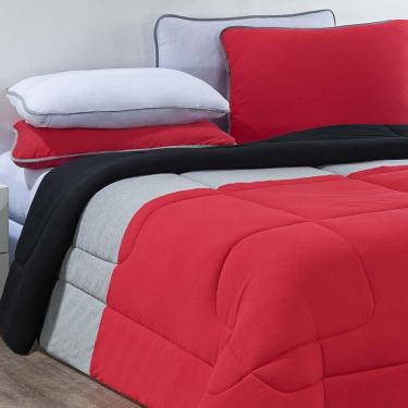Imagem de Kit Edredom + Jogo De Lençol Malha 100% Algodão Urbano 5 Peças Solteiro - Vermelho-mescla-branco