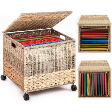 Imagem de Cinnvoice Grande caixa de arquivo decorativa com rolamento, organizador de algas marinhas para pendurar em tamanho carta e ofício, com rodas de tampa, caixa de pasta de documentos para escritório em