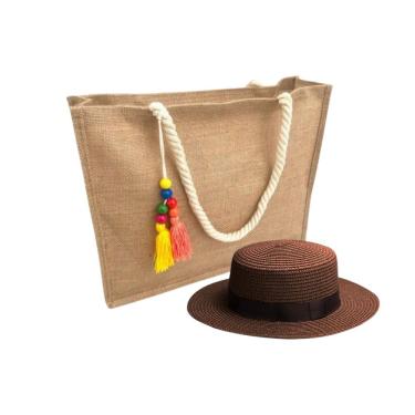 Imagem de Kit Chapéu Paris E Bolsa Palha Juta Zíper Praia Verão Moda Piscina marrom