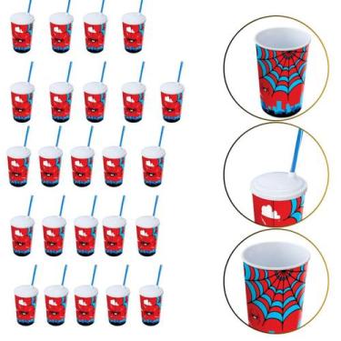 Imagem de Kit 24 Copo de Plástico 550 ML Herói Homem Aranha Com Canudo - Arqplas