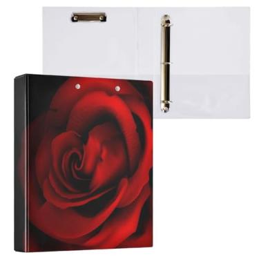 Imagem de Fichário de 3 anéis, rosa vermelha, flor preta, 3,8 cm, fichários de três anéis com prancheta, serve para papel de 21 x 28 cm, 3 bolsos internos de PVC transparentes para material de escritório