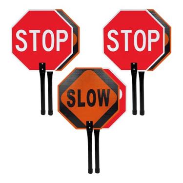 Imagem de (Pacote com 3) Placa portátil Stop Slow com alça de metal - Placa de parada dupla face de 45,7 cm x 45,7 cm - Alumínio