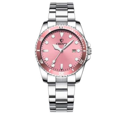 Imagem de Relógio de pulso feminino, clássico, moderno, de aço inoxidável, prata, à prova d'água, luminoso, feminino, vestido feminino, rosa, Clássico