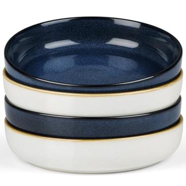 Imagem de Herogo Conjunto de 4 tigelas de massa de grés, grandes largas, rasas de 1,048 g e conjuntos de tigelas de servir para sopa de salada, cereais, microondas e lava-louças, azul estrelado e branco marfim