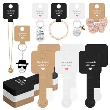 Imagem de Glarks 150 peças de cartões autoadesivos para exibição, colar de 4 x 10 cm, marrom, preto e branco, pulseira de papel kraft, porta-cartões para pendurar joias