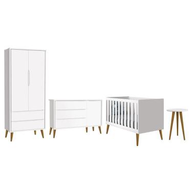 Imagem de Dormitório Infantil Theo Retrô 2 Portas, Cômoda 1 Porta, Berço e Mesa de Apoio com Pés Amadeirado - Reller Móveis Branco Fosco