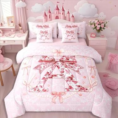 Imagem de Erosebridal Conjunto de edredom com laço fofo, tamanho casal, para meninas, crianças e adolescentes, floral, princesa, aquarela, inicial A, presente de aniversário, colcha (A)