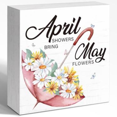 Imagem de April Showers Bring May Flowers Wooden Box Sign Spring, Spring Wood Block Signs, Wooden Spring Plaque Decor for Home Garden Farmhouse Shelf Desk Wall Decor