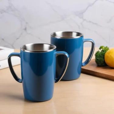 Imagem de Caneca Térmica Parede Dupla em Aço Inox Azul 400ml com Base Antiderrapante - Estilo Liso