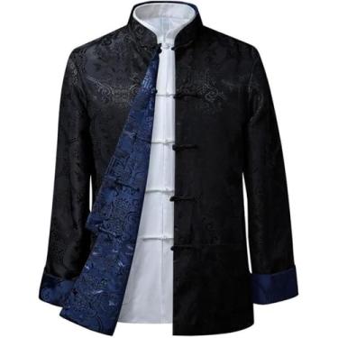 Imagem de Roupas Chinesas Tang Suit Truly Ambos Os Lados Casaco Jacet Manga Comprida Artes Marciais Ung Fu Camisas Tang Suit Trajes Nacionais, Blue and Yellow, XL