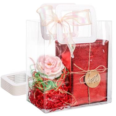 Imagem de EUSOAR Sacos de presente de plástico transparente com alças, 6 unidades de sacolas transparentes médias de 25,4 x 15,2 x 28 cm, com laço de champanhe, bolsa de embrulho de presente para compras