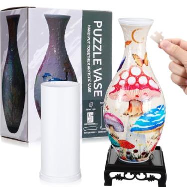 Imagem de Silipull Vaso de quebra-cabeça 3D feito de 160 peças de quebra-cabeça de plástico curvo, presente de inauguração de casa DIY 3D para arranjos de flores e decoração de casa (cogumelo)