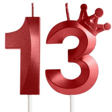 Imagem de Velas de aniversário de 13 anos para bolo, número 13 velas vermelhas com coroa, design 3D, enfeite de bolo de aniversário para meninos e meninas, festa de aniversário, casamento, celebração