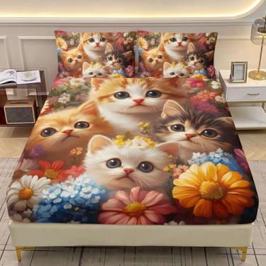Imagem de AILONEN Jogo de cama solteiro com estampa floral de gato Kaitten Kaitten, para crianças, meninas, lençol com elástico e 2 fronhas, jogo de lençol macio de 3 peças