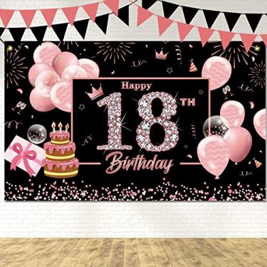 Imagem de AOYOO Banner de pano de fundo de aniversário de 18 anos preto e rosa 15 x 9 pés - Fundo de cabine fotográfica para meninas, adolescentes, festa neutra de gênero, decoração temática K-pop, vinil