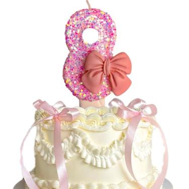 Imagem de Vela de aniversário com laço de glitter rosa, sem fumaça, ecológica, não tóxica, moderna, numérica, 8 cm x 4 cm, 1 unidade - 8