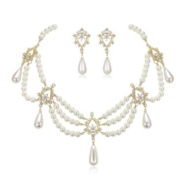 Imagem de Crysdue 1920s bijuterias multicamadas simuladas pérola brilhante strass fio gargantilha colar conjunto de brincos para mulheres, casamento, Halloween, cosplay, festa, formatura, acessórios, Metal