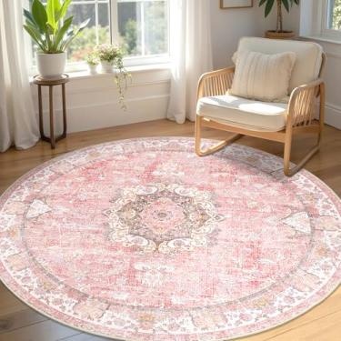 Imagem de Castage Tapete redondo rosa de 1,5 m, tapetes circulares boho para quarto, sala de estar, cabeceira, lavável, vintage, boêmio, envelhecido, oriental, floral, antiderrapante, flores florais
