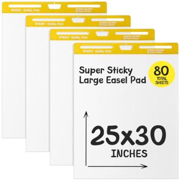 Imagem de ReliThick Pacote com 4 blocos de cavalete adesivos, 63 x 76 cm, branco, 20 folhas/bloco, papel flip chart para professores, papel gráfico adesivo grande para parede, suporte autoadesivo para
