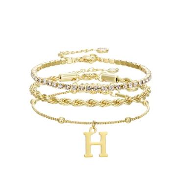 Imagem de Pulseiras de ouro para mulheres – Conjunto de joias de pilha de pulseiras de ouro delicadas com iniciais personalizadas, linda caixa de corda, corrente de corrente, pulseiras de tênis, presentes para