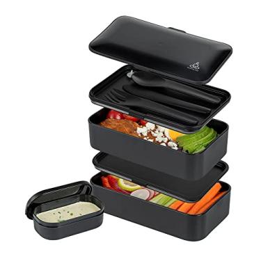 Imagem de Lancheira Bento Tek 1,2 l preta Buda tudo em um – com utensílios, copo para molho – 18 cm x 10 cm – 1 caixa