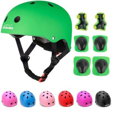 Imagem de KAMUGO Capacete infantil ajustável, com conjunto de equipamentos de proteção esportivos, joelheiras, joelheiras, almofadas de pulso para crianças de 3 a 8 anos, conjunto de capacete de patins (verde)