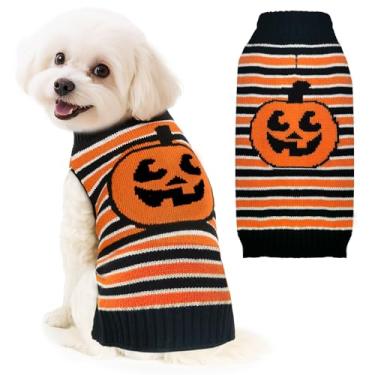 Imagem de BAEJMJK Lindo suéter de cachorro de Halloween listrado macio de abóbora com furo de coleira quente gola rolê roupas para cães de estimação para cães pequenos, médios e grandes (grande)