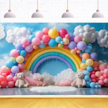 Imagem de Sweet Pink and White Cloud Photo Studio Pano de fundo arco arco-íris balão urso fundo fotográfico 1º feliz aniversário pano de fundo para bebês crianças um ano faixa de festa (amarelo, 1,5 x 7 m)
