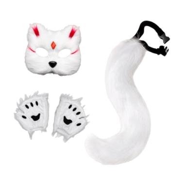 Imagem de Vaveren Conjunto de máscara e cauda de animal, máscara facial de Halloween para baile de formatura, fantasia de festa de Halloween, Chip Vermelho Branco
