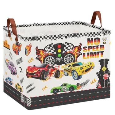Imagem de Cesta de armazenamento de carro de corrida para meninos, caixa de armazenamento de roupas de brinquedo impermeável de 36L com placa de limite de velocidade, decoração de quarto com tema de carro para