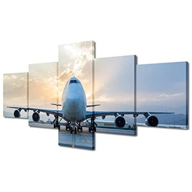 Imagem de TUMOVO Sunset Scape Pictures pinturas de aeronaves Boeing 747-8 arte de parede lindo céu arte em tela para quarto paisagem imagens 5 peças emolduradas prontas para pendurar pôsteres e impressões, 127