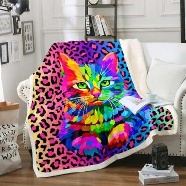 Imagem de Cobertor de lã com estampa de leopardo, cobertor para meninas, rosa, roxo, azul, estampa de guepardo, cobertor kawaii tie dye gatinho para amantes de gatos, cobertor sherpa tema animal selvagem para
