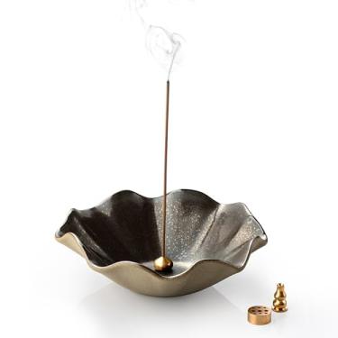Imagem de KOKUNKA Queimador de incenso 4 em 1, suporte de 15 cm, suporte de incenso de lótus para bastões, queimador de incenso com 3 soquetes de incenso para meditação, ioga, decoração de casa, preto e marrom