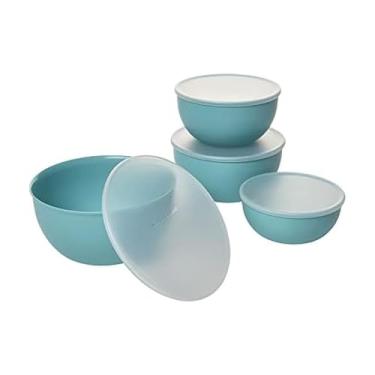 Imagem de KitchenAid Tigelas de preparação de plástico com tampas, conjunto de 4, Aqua Sky