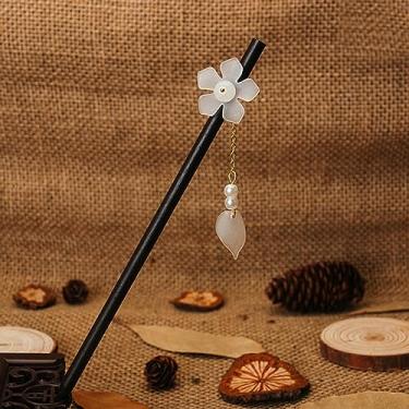 Imagem de Gancho de cabelo de madeira vintage, estilo chinês, flor enrolada, gancho de cabelo com borla, grampo de cabelo clássico para senhora