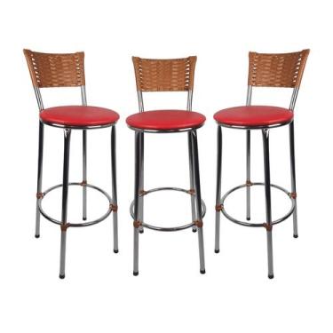 Imagem de KIT 3 Banquetas Alta Cromada Junco IMBUIA Cozinha Balcão Bancada - ESP