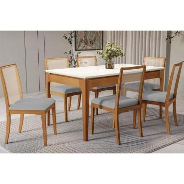 Imagem de Conjunto Sala de Jantar Mira Premium Madeira Maciça c/ Tampo Madeirado c/ Vidro 160x90cm e 6 Cadeiras Lara Carvalho/Off White - Boucle Cinza-Kappesber