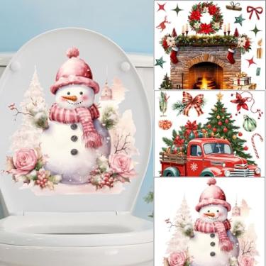 Imagem de 3 folhas de adesivos de banheiro de Natal, adesivos de tampa de vaso sanitário, boneco de neve rosa de Natal, árvore de Natal, vermelho, carro, lareira, padrão, decalques autoadesivos para decoração